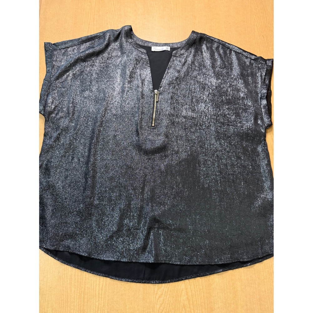 89th + Madison Womens XL Metallic Silver Black Foil Zip Neck Short Sleeve Blouse